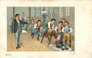 Nestlé-féle gyermekliszt; bakugrás / children's flour, advertisement on backside, children at gym class, leap frog, Serie II. litho (EB)