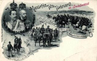 Tata-Tóváros, Ferenc József és Vilmos császár, lovas katonák, Art Nouveau litho (EB)