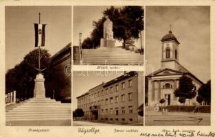 Vágsellye, Járási székház, országzászló, hősök szobra Római katolikus templom / office, flag, monument, Roman catholci church (EK)