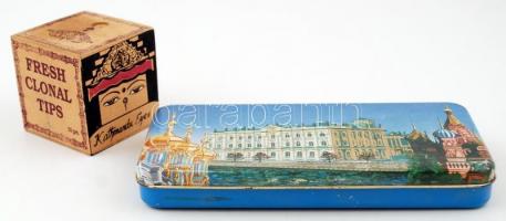 Memoirs of Russia fém doboz, kis kopásnyomokkal, 19x9x2 cm; Clonal Tips Tea dobozka, 6,5x6,5x6,5 cm