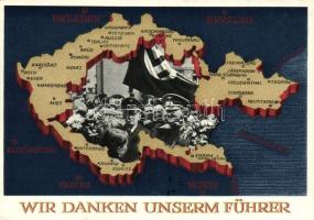 Wir danken unserm Führer / Adolf Hitler, Konrad Henlein, NS propaganda, map of the Czech Republic, 6 Ga. So. Stpl