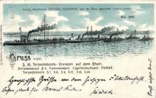 1900 Gruss von S. M. Torpedoboots-Division auf dem Rhein, Divisionsboot D4, Torpedoboote, litho