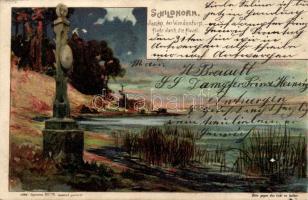 Berlin, Schildhorn, Denkmal, Jaczko der Wendenfürst flieht durch die Havel, hold to light litho