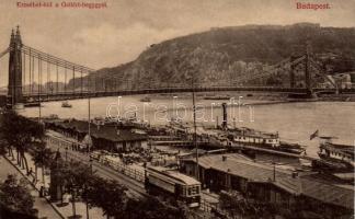 Budapest, Erzsébet híd, Gellérthegy, gőzhajó, villamos; Divald Károly (EK)