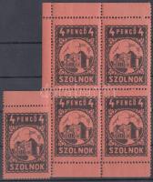 1930 Szolnok városi okmánybélyeg 4P ívszéli érték + ívsarki négyestömb (35.000)
