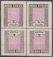 1933 Gyula városi okmánybélyeg 5f négyestömb két fordított párral, az 5-ös számnál festéktöbblet (többszörös felár!) (gumi nélküli)
