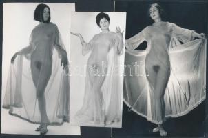 cca 1970 Sejtelmesen, rejtelmesen, 3 db finoman erotikus fénykép, 15x7 cm és 18x12 cm közötti méretben / cca 1970 3 erotic photos, 15x7-18x12 cm