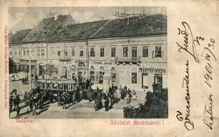 Szatmár, Deák tér, a szatmári asztalosok saját készítésű bútortelepe, Frankó János üzlete, Kerekes Zs. üzlete, Győry Károly üzlete, étterem, villamos, Lövy Miksa kiadása / square, furniture shop, shops, restaurant, tram