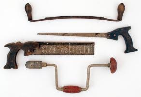 Asztalos szerszám tétel: illesztőfűrész, mellfúró, lyukfűrész, kézi hántoló