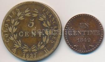 Franciaország / Második Köztársaság 1849A 1c Br + Francia Kolóniák 1827H 5c Br "X. Károly"...