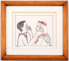 Hanzl Klára (1953- ): Vakok, tus, papír, jelzett, paszpartuban, üvegezett fa keretben, 14×16 cm