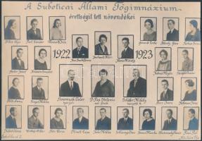 1923 Vajdaság, Szabadka, a Suboticai Állami Főgimnázium tanárai és érettségizett növendékei, kistabló 29 nevesített portréval, 15x22 cm