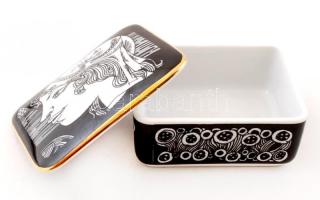 Hollóházi Szász Endre tervezte tálkák, tányér, ékszeres doboz, matricás, jelzett, hibátlan, összesen...