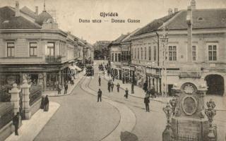 Újvidék, Duna utca, üzletek, emlékmű / street, shops, monument