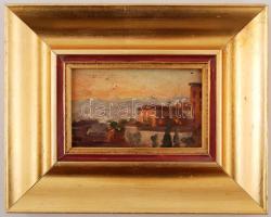 Jelzés nélkül: Délszaki város látképe, olaj, fa, dekoratív fa keretben, 7,5×12 cm