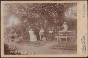 cca 1900 Fitos Márton Zala megye levéltárnoka 1891-1914 között) és családja lakásuk kertjében Zalaegerszegen, keményhátú fénykép felirattal, 11x16 cm