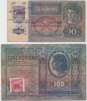 1912. 100K + 1915. 10K mindkettő montenegrói bélyeggel és felülbélyegzéssel T:III,III-,IV