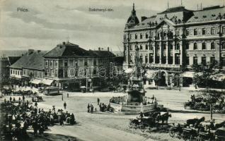 Pécs, Takarékpénztár, Széchenyi tér, emlékmű, villamos, Tauszig Armin üzlete (EK)