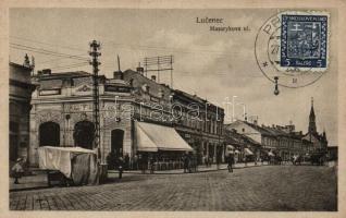 Losonc, Lucenec; Masaryk utca, Szüsz Miksa üzlete / street, shop (EK)