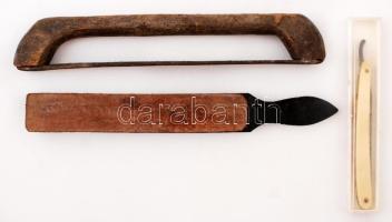 Régi borotva tokban és 2 db fenővel, h:14-27 cm