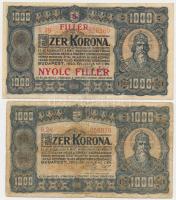 1923. 1000K "Magyar Pénzjegynyomda Rt. Budapest" + 1923. 1000K "8 FILLÉR - NYOLC FILLÉR" felülnyomással T:III,III-
