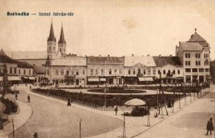 Szabadka, Szent István tér, gyógyszertár, Kramer Béla üzlete / square, shops, church, pharmacy (EK)