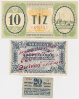 Budapest ~1919. "Pesti Hírlap" 20f + 1946. 500.000AP "Forradalmi pénzek" és emlékeik kiállítás, Pécs 1964.XI. 7-15. "Zsolnay" gyűjtőklub + 1950. 10Ft "Játékpénz" T:II-III