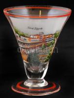 "Sliač Kúpele" feliratú dekoratív kis pohár, matricás, jelzés nélkül, egy helyen nagyon apró csorbával, d: 8,5 cm, m: 10,5 cm