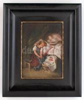 Olvashatatlan jelzéssel: Alvó kislány babával. Olaj, farost, jelzett, fa keretben, 20x26 cm