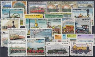 Railway 47 stamps, 1 block on 2 stock cards, Vasút motívum tétel 47 db bélyeg és 1 blokk 2 stecklapon