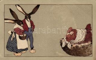 Rabbit couple, chicken, E.D. No. 352. litho  (EK)