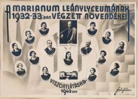 1933 A Marianum Leánylyceumának tanárai és végzett növendékei, kistabló 16 nevesített portréval és az iskola fényképével, Fotofilm felvétele, 20x28 cm