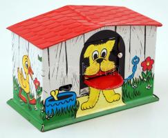 Kutyaház alakú lemezpersely, a kulcs hiányzik, 13×7×8,5 cm