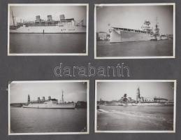 cca 1950 Hadihajó és tengerjáró hajó a velencei kikötőben, 4 db albumlapra ragasztott fotó, 8x6 cm / cca 1950 Ships in Venice, Italy, 4 photos, 8x6 cm