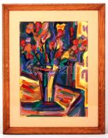 Cs. Németh Miklós (1934-2012): Virágok vázában, olaj, papír, jelzett, paszpartuban, üvegezett fa keretben, 42×30 cm