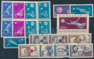 Space research 1 set in blocks of 4 + 9 diff stamps + 1 block, Űrkutatás motívum 1 sor négyestömbökben + 9 klf bélyeg + 1 blokk