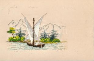 Sailboat, silk and litho postcard