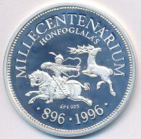 Csóka Zsuzsanna (1962-) 1996. "Millecentenárium Honfoglalás 896-1996" Ag emlékérem sorszámozott tanúsítvánnyal eredeti dísztokban (11,9g/0.925/35mm) T:PP