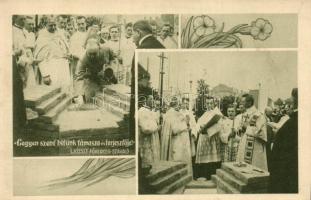 1912 Budapest XIV. Rózsafüzér királynéja templom építése; József főherceg a szokásos három kalapácsütést végzi. Dr. Kohl Medárd püspök megáldja az alapkövet; floral