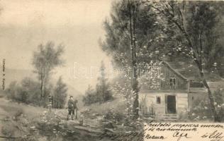 Hunter with dog, artist signed (EK)