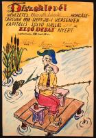 Jelzés nélkül: Humoros díszoklevél horgásznak, vegyes technika, papír, 35x25cm