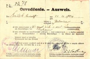 1936 Kétnyelvű Német-szlovák igazolvány, 12x19cm