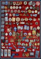 143db-os jelvény gyűjtemény főleg a szocialista időszakból, benne "Véradásért", "Úttörő tűzoltó", "Bőrös", "Lenin", "KISZ", "Cipőgyár Bonyhád", zománcozott címeres jelvények stb., vörös textilre tűzve T:vegyes