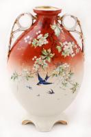 Virágmintás porcelán füles váza, egyik füle ragasztott, mázhibával, m: 33,5 cm