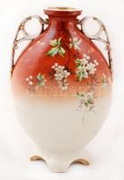 Virágmintás porcelán füles váza, egyik füle ragasztott, mázhibával, m: 33,5 cm