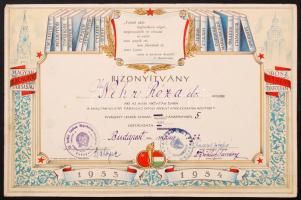 1954 A Magyar-Szovjet Társaság orosz nyelvtatfolyamának bizonyítványa, 19x30cm