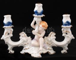 Regent három ágú gyertyatartó, kézzel festett, jelzett, kopott, 18×26 cm