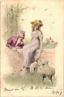 Romantic couple, sheep, M.M. Vienne, Szerelmes pár bárányokkal. M.M. Vienne
