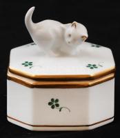 Herendi macskás ékszeres doboz, kézzel festett, jelzett, hibátlan, 6×6 cm, m:5 cm