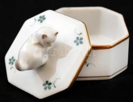Herendi macskás ékszeres doboz, kézzel festett, jelzett, hibátlan, 6×6 cm, m:5 cm